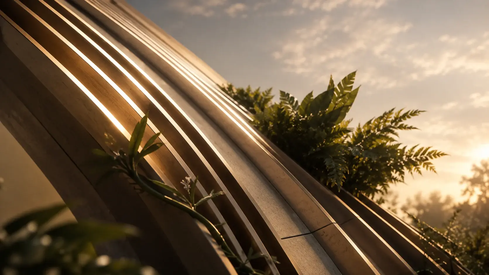 Warm architectural fins and planting in evening light