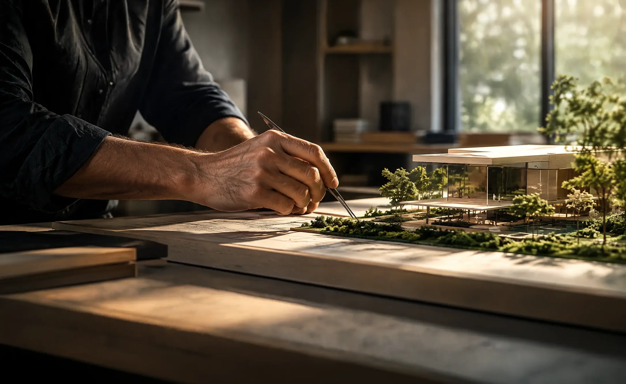 An architect shaping a landscape model by hand