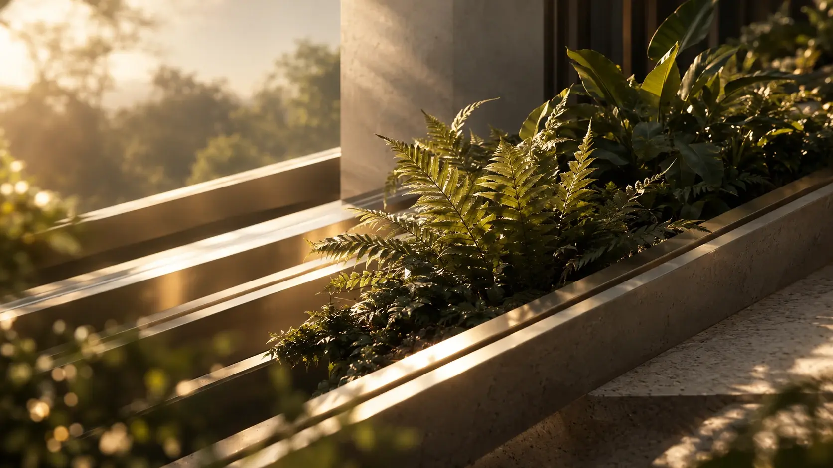 Sunlight crossing ferns on a stone terrace